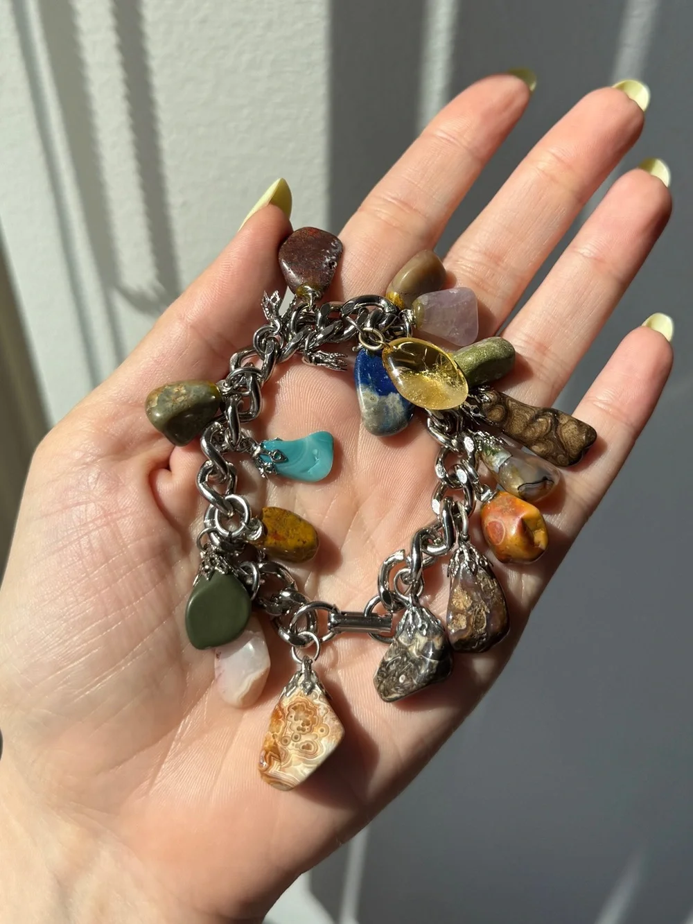 Vintage Multicolor Natural Stone Gem Silver Charm Bracelet - Women Jewelry